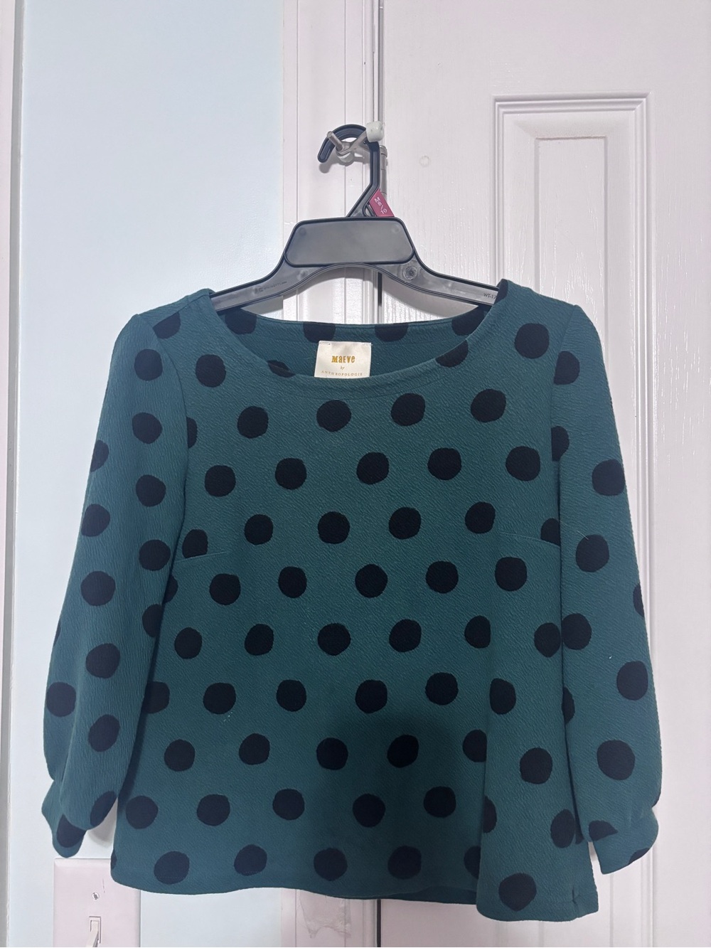 Anthropologie Teal Green Polka Dot Long Sleeve Blouse